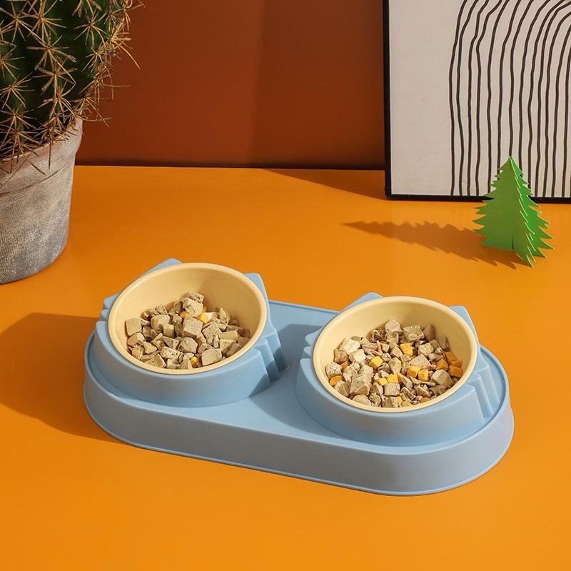 Wholesale pet bowl double layer anti-tip stainless steel cute cat rice bowl cat bowl