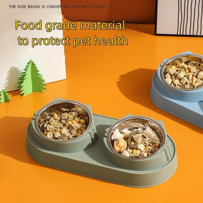 Wholesale pet bowl double layer anti-tip stainless steel cute cat rice bowl cat bowl