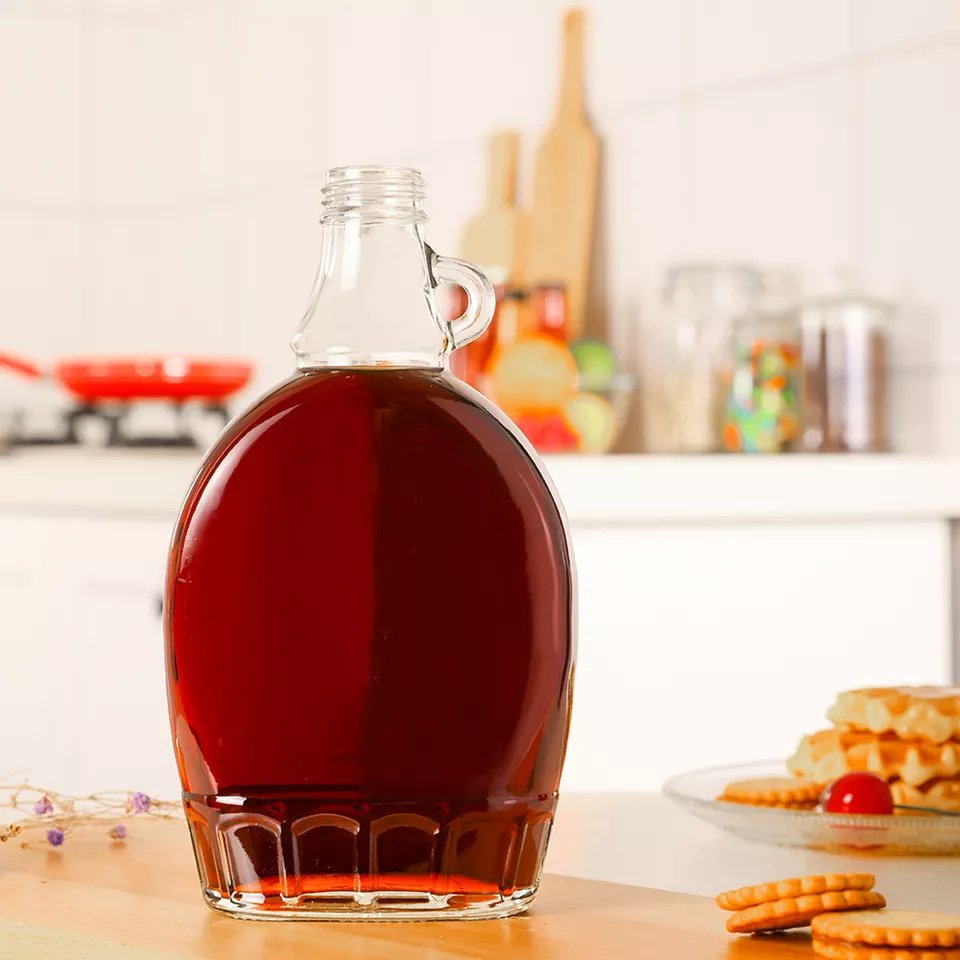 Maple Syrup Bottle 250ml 375ml 500ml wholesale transparent flat cough maple syrup glass bottle with handle for drinking