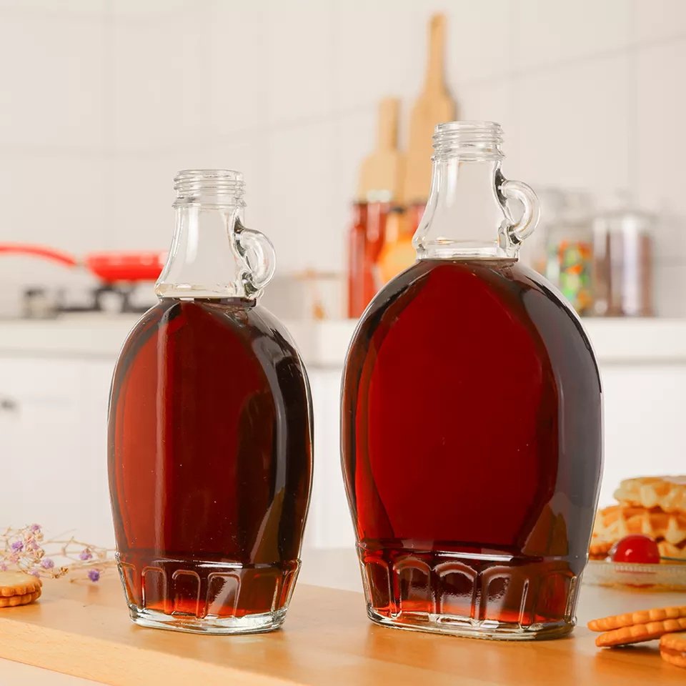 Maple Syrup Bottle 250ml 375ml 500ml wholesale transparent flat cough maple syrup glass bottle with handle for drinking