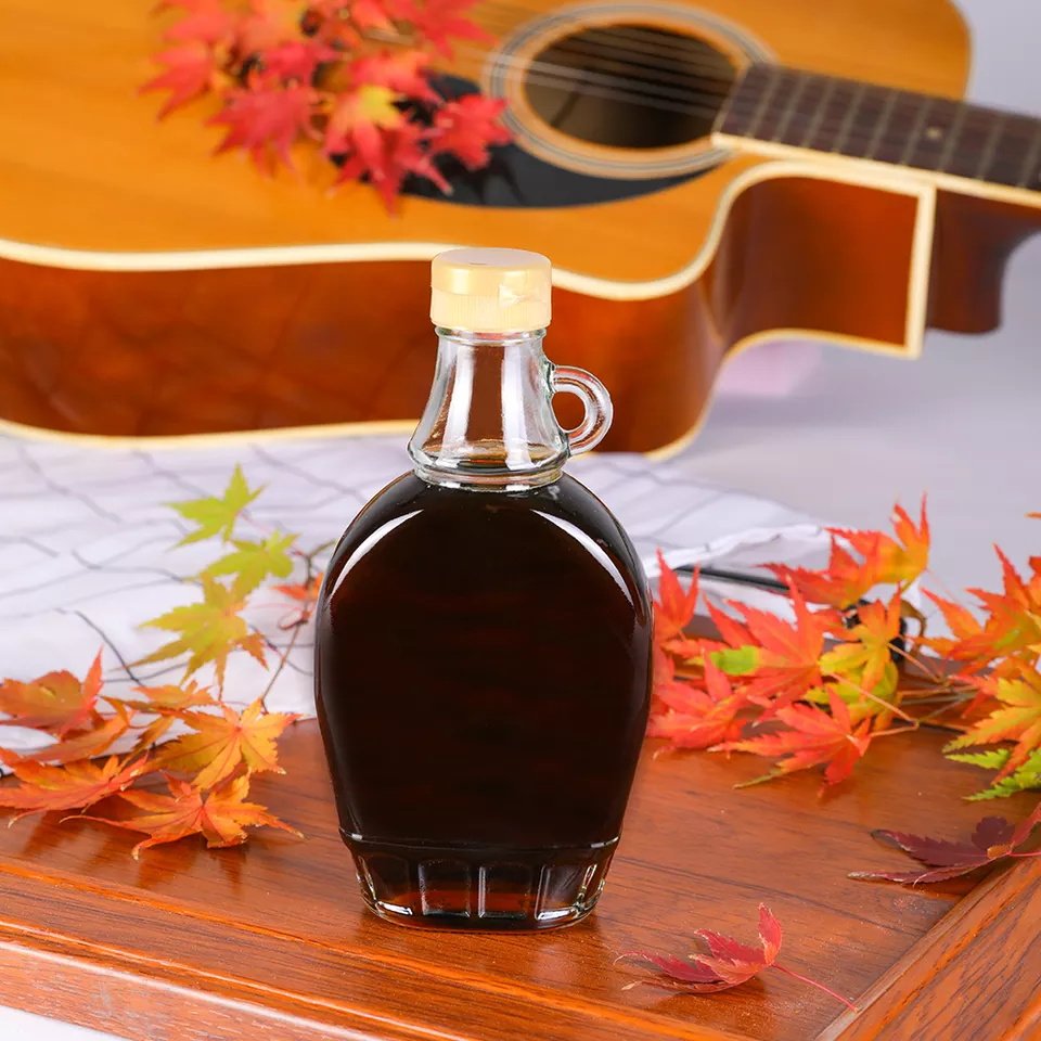Maple Syrup Bottle 250ml 375ml 500ml wholesale transparent flat cough maple syrup glass bottle with handle for drinking