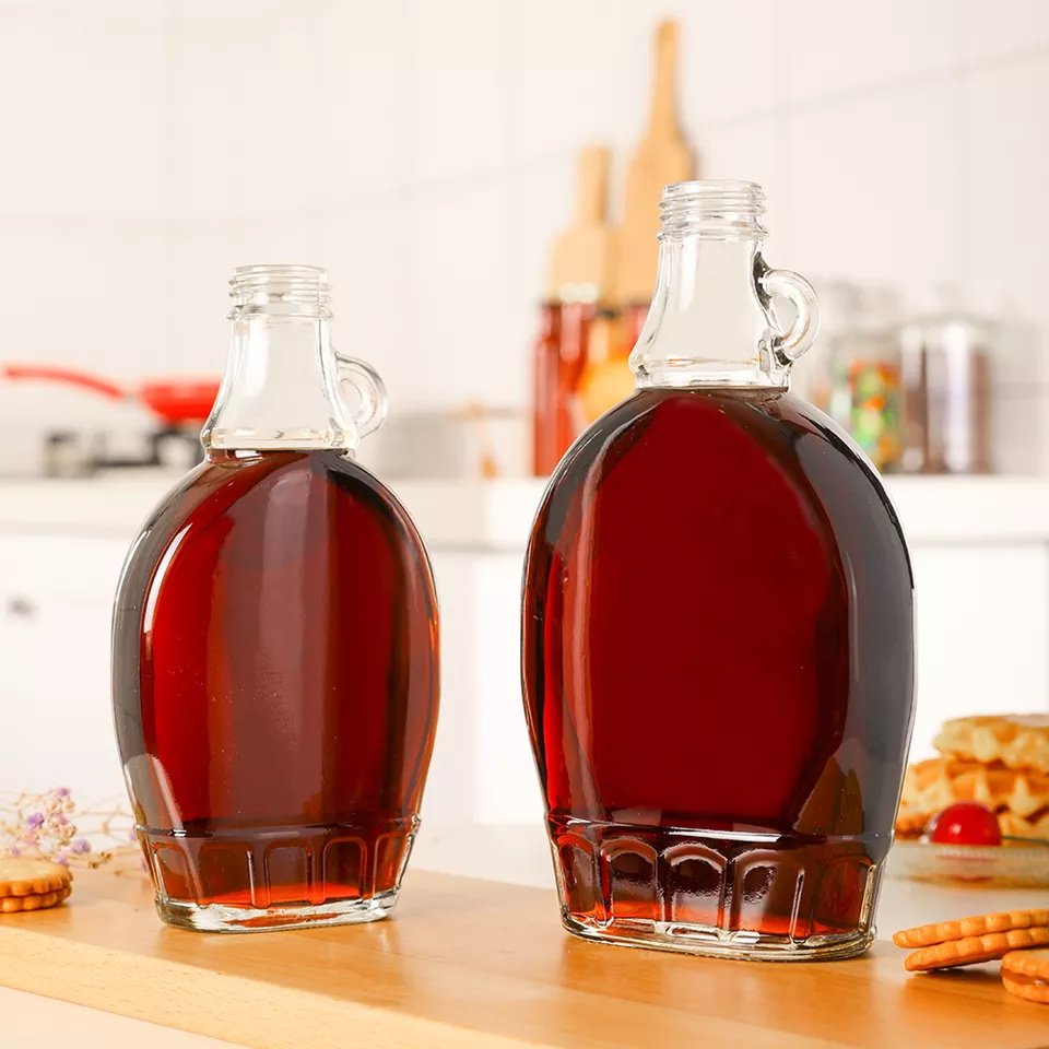 Maple Syrup Bottle 250ml 375ml 500ml wholesale transparent flat cough maple syrup glass bottle with handle for drinking
