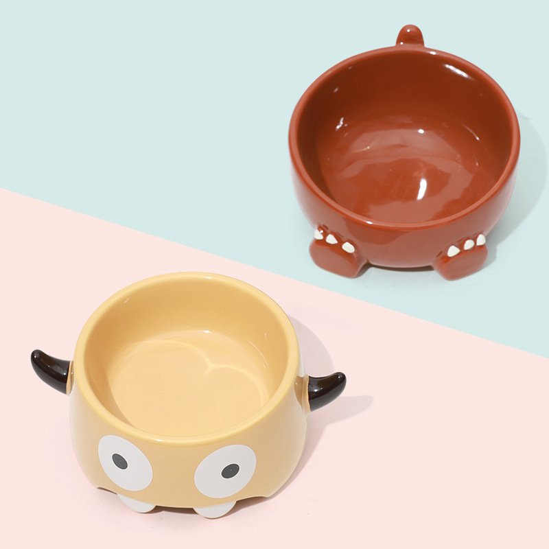 Cartoon Monster Slanted Mouth Ceramic Pet Bowl Cute and Cute Double Bowl Small Dog Ceramic Dog Bowl