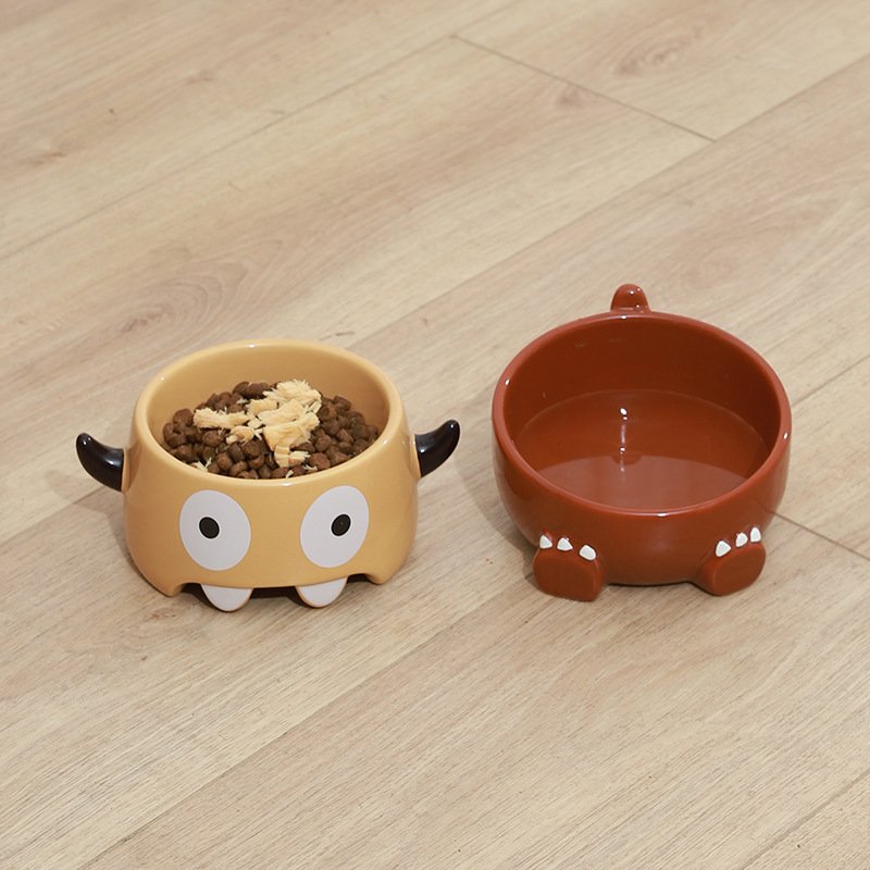 Cartoon Monster Slanted Mouth Ceramic Pet Bowl Cute and Cute Double Bowl Small Dog Ceramic Dog Bowl