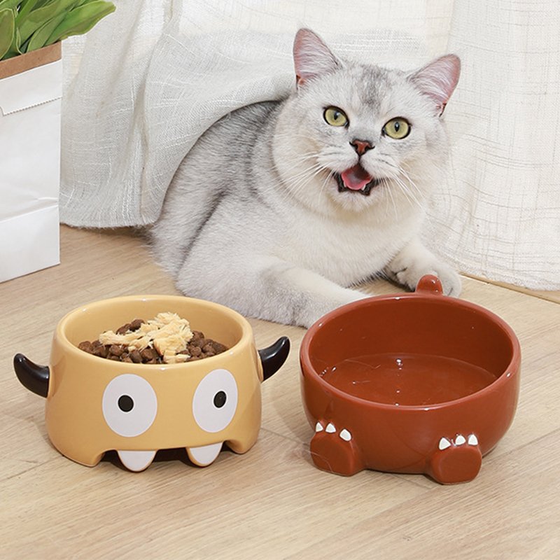 Cartoon Monster Slanted Mouth Ceramic Pet Bowl Cute and Cute Double Bowl Small Dog Ceramic Dog Bowl