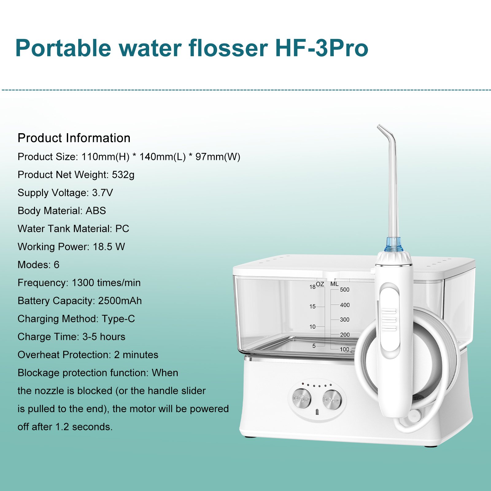 H2Oloss 570ml Portable Countertop Dental Flosser New Design Six-Mode Oral Irrigator CE Certified IPX7 Water Resistant Teeth