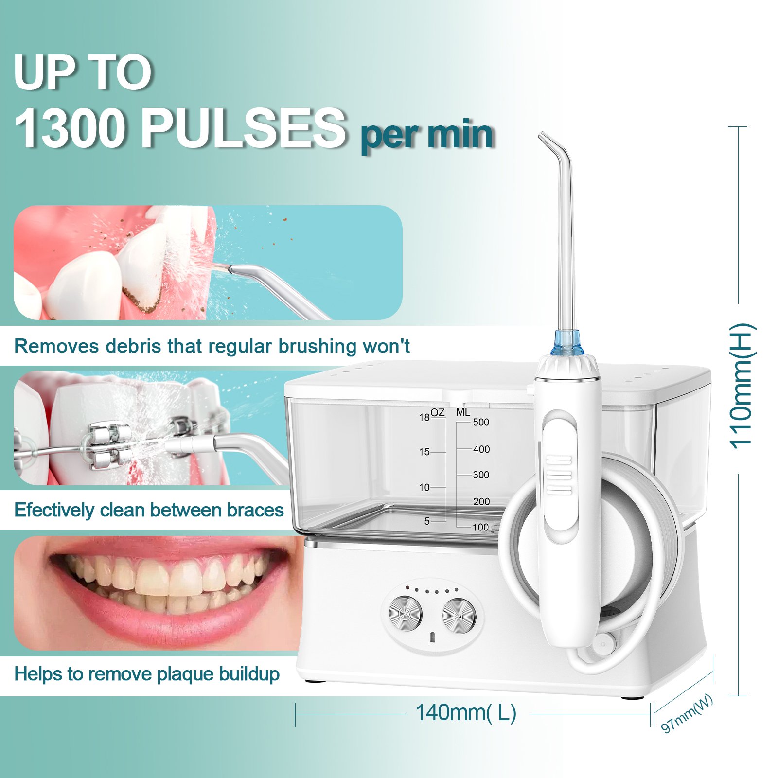 H2Oloss 570ml Portable Countertop Dental Flosser New Design Six-Mode Oral Irrigator CE Certified IPX7 Water Resistant Teeth