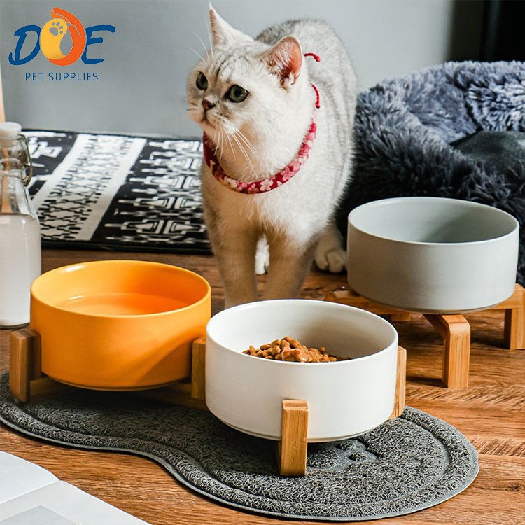 Doe Ceramic Cat Dog Food Bowl Sets Pet Bowls with Color Wholesale Animal Food Non-Slip Matte Glaze Bowl With Wooden Stands