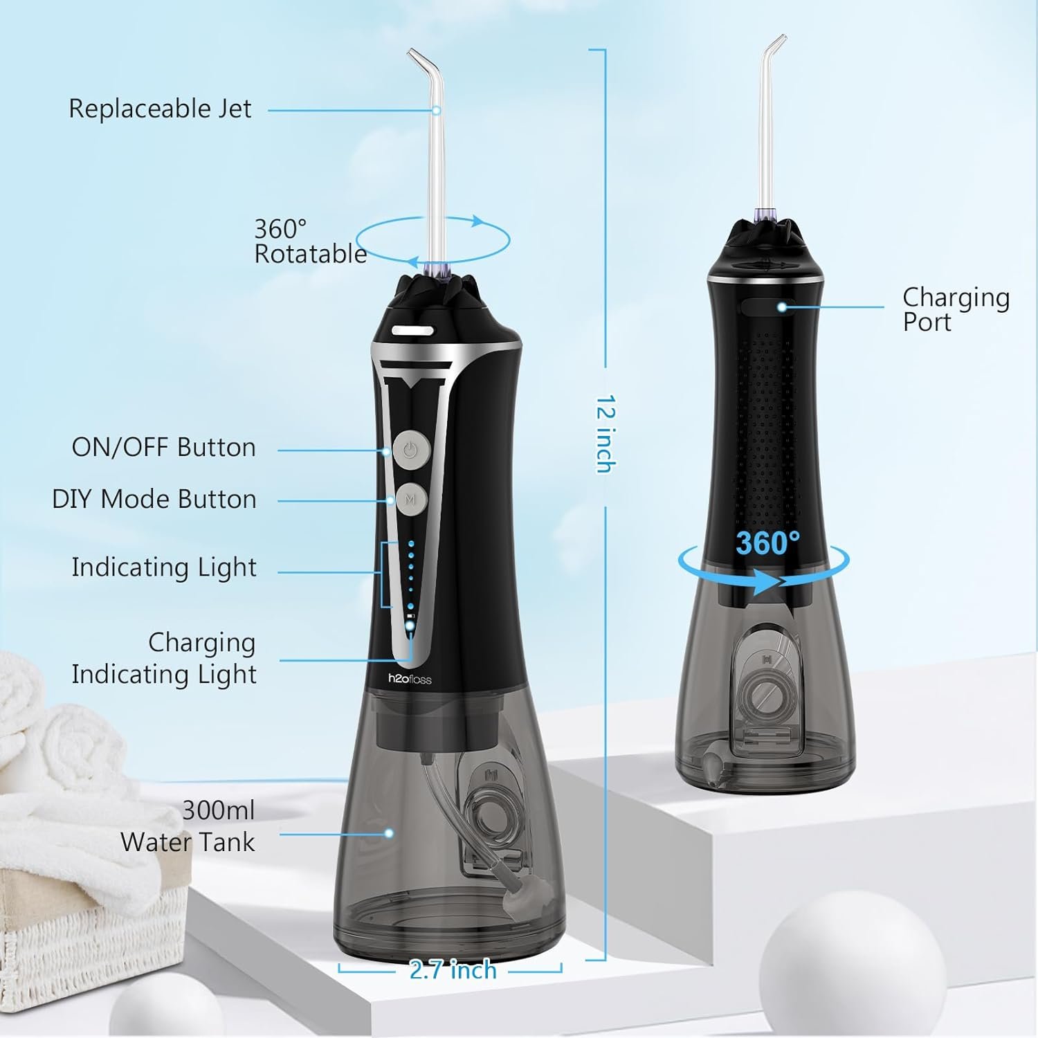 H2ofloss 2024 New 300ml Dental Irrigator Home Use IPX7 Waterproof Water Flosser for Teeth Cleaning
