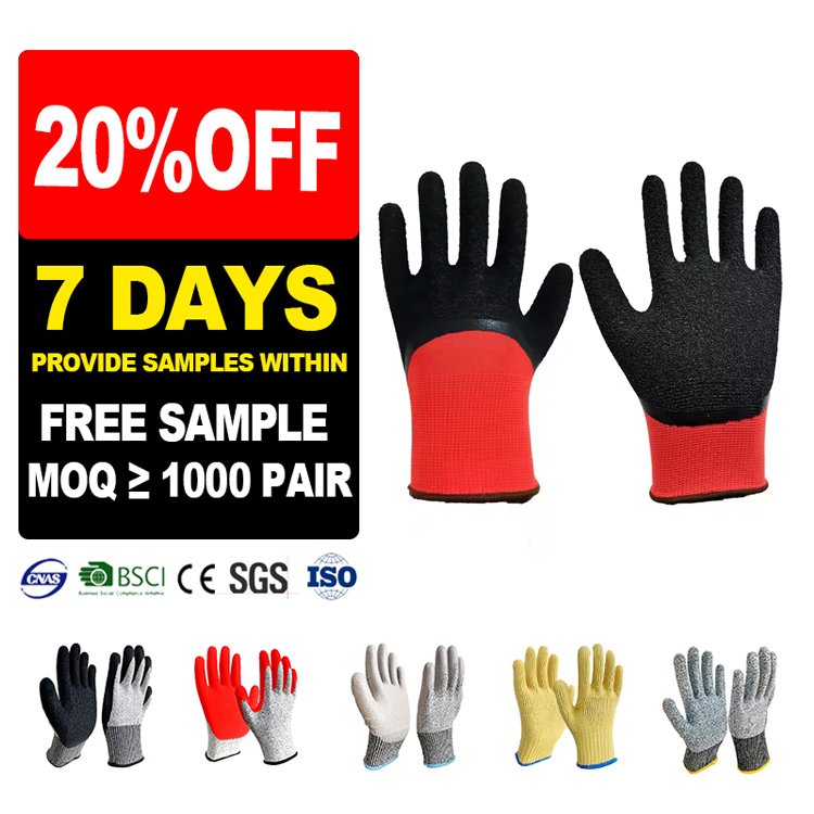 SunnyHope factory wholesale 13 gauge polyester liner with crinkle Latex coated cotton back open gloves for work