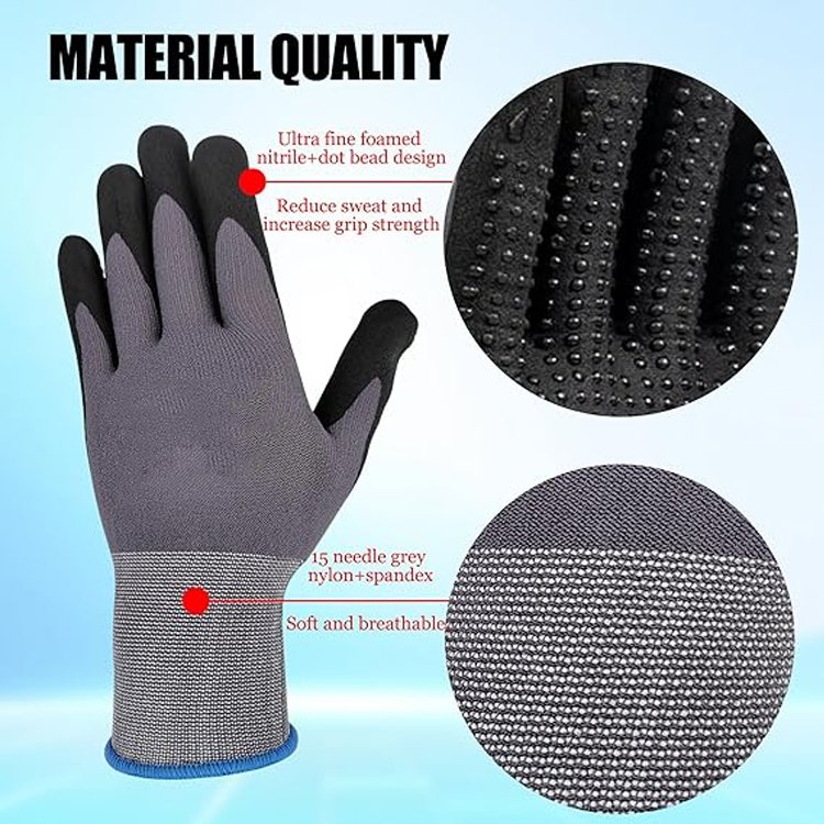 SunnyHope 15-Gauge Nylon Lined Knitted Construction Gloves Micro Foam Nitrile Coated with PVC Dotted on Palm and Fingers