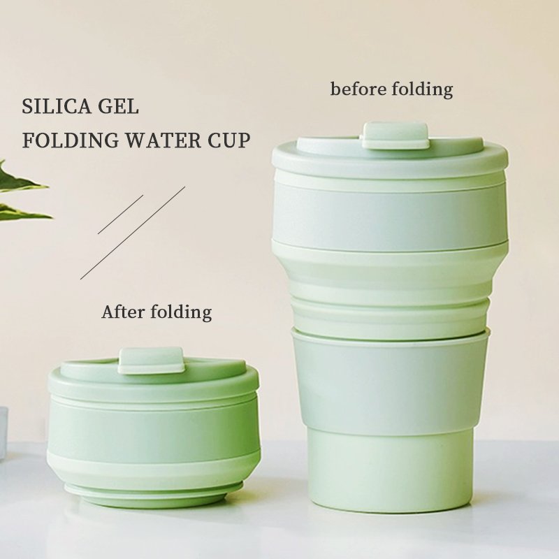 wholesale baby silicone drinking cup 350ml foldable water bottle reusable coffee silicone cup with lid foldable silicone cup
