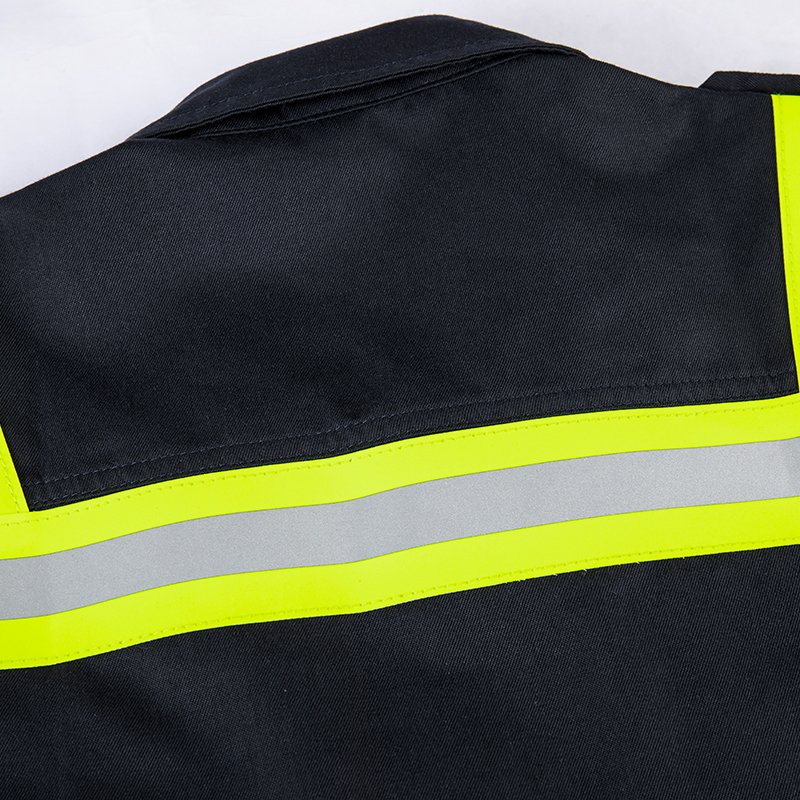 Flame-Resistant Road Repair Safety Uniform Set Dark Blue Aramid Jacket and Pants with Reflective Strips Oil-Resistant Waterproof