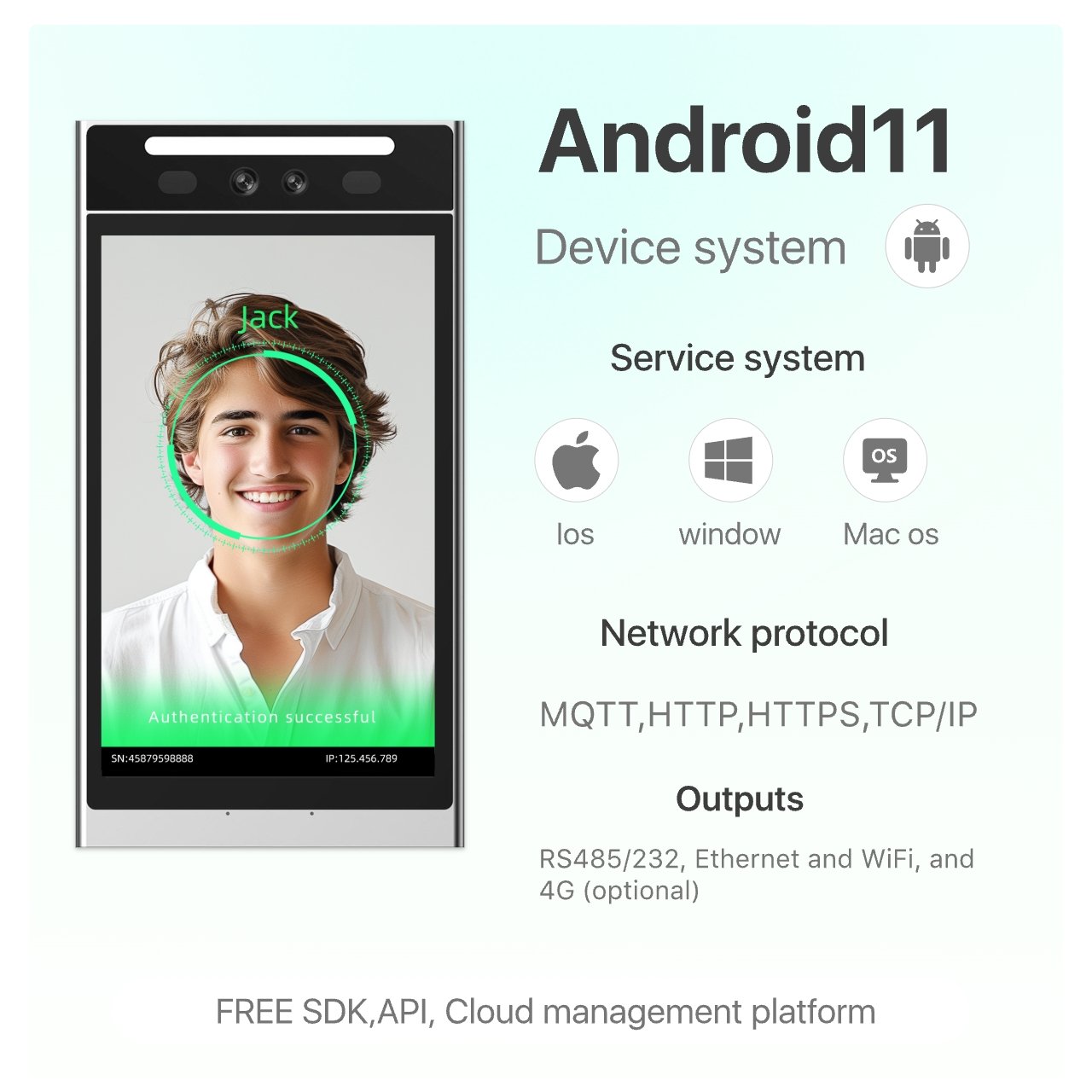 VF206 AI Face Recognition Biometric Access Control Cloud Free software NFC RFID 13.56 QR Android Free Time Recording RS485