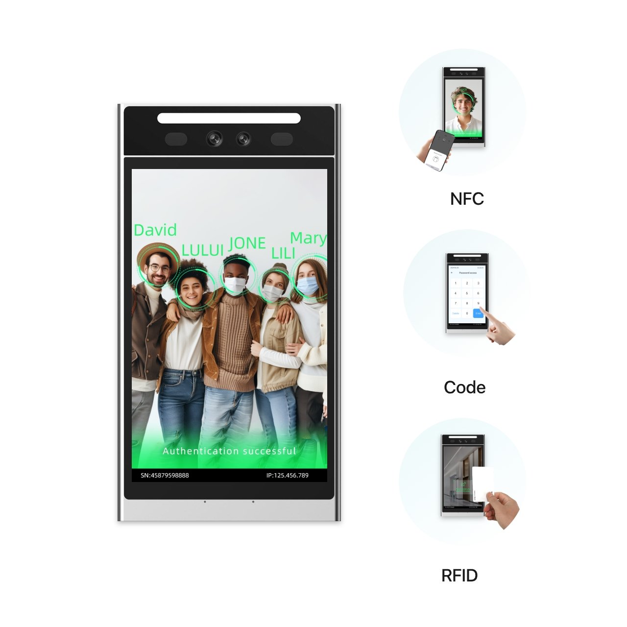 VF206 AI Face Recognition Biometric Access Control Cloud Free software NFC RFID 13.56 QR Android Free Time Recording RS485