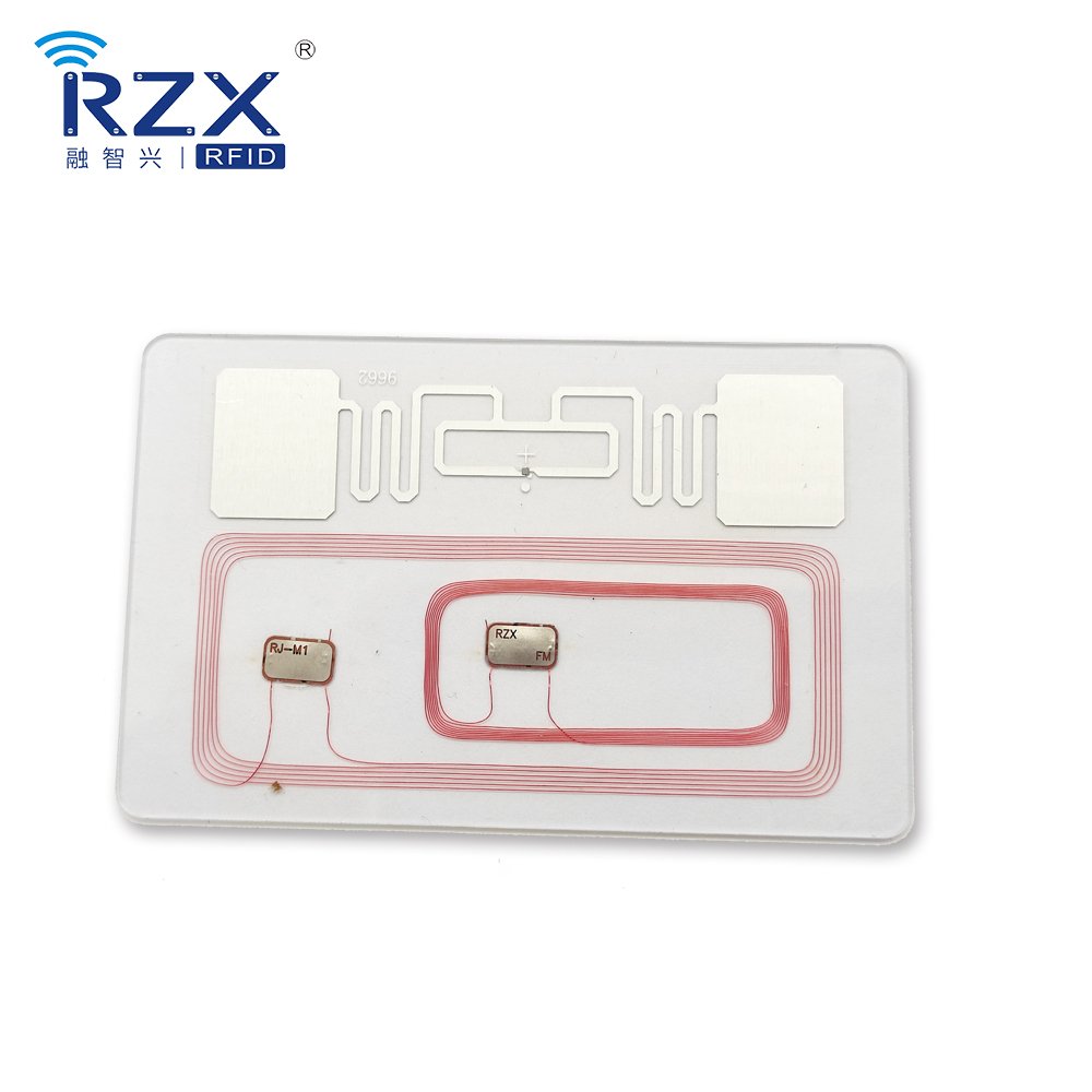 RZX 85.5*54*0.9mm CR80 LF HF UHF Dual Frequency Hybrid Combo RFID Smart composite PVC Blank card