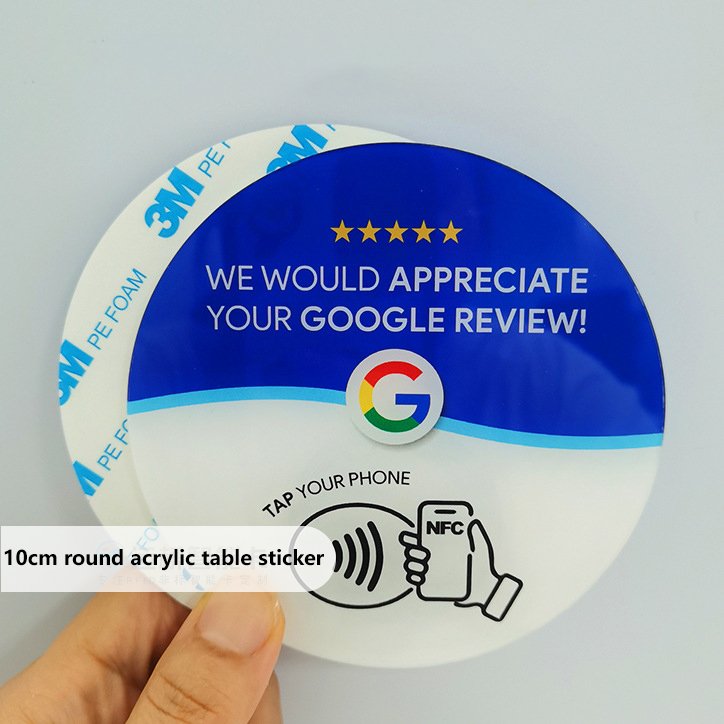 Acrylic or PVC waterproof NFC Google ins review card with QR Code mobile URL restaurant ordering table sticker