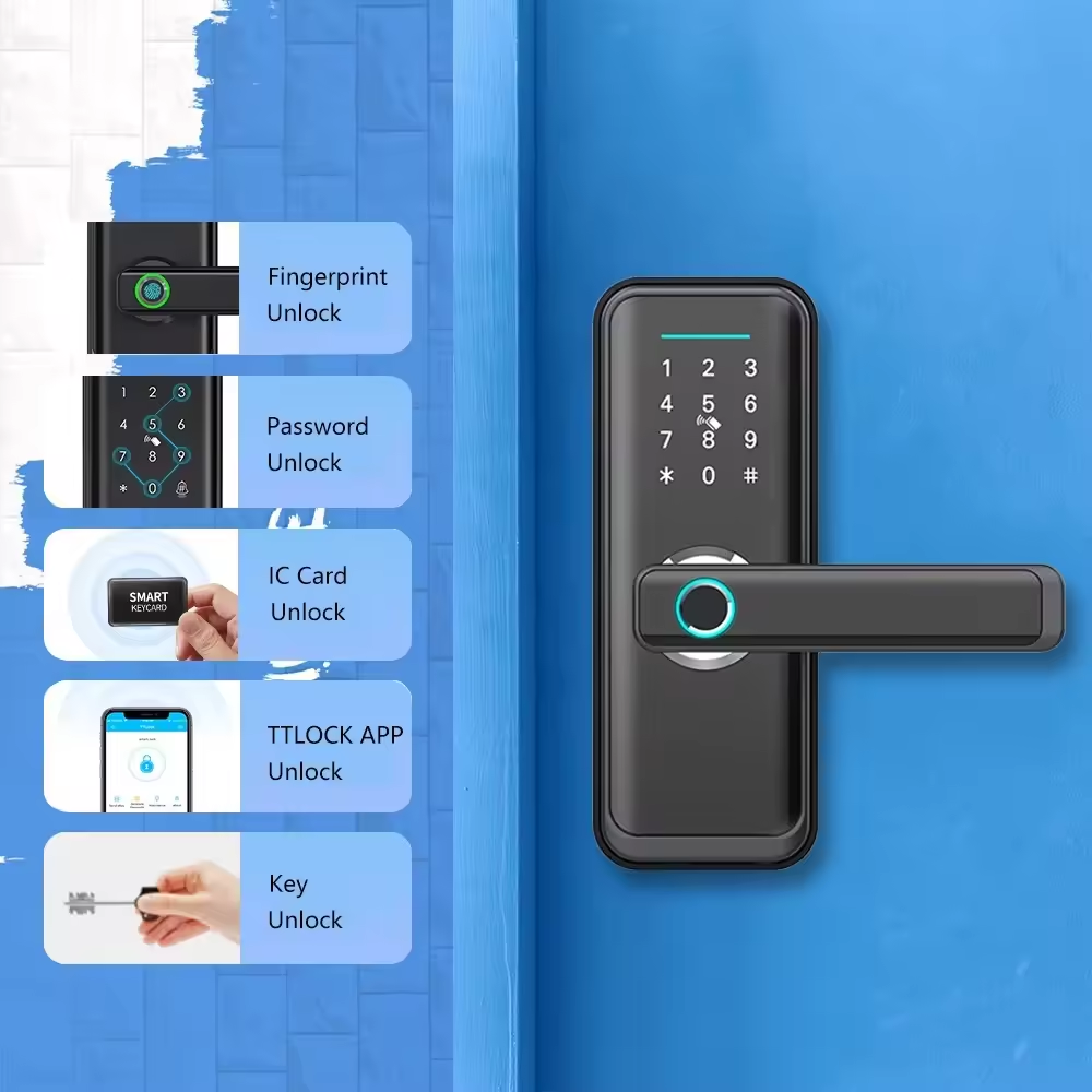 smart door with finger print and keys Bluetooth tt lock tuya smart lock with the voice lock handle for aluminum door