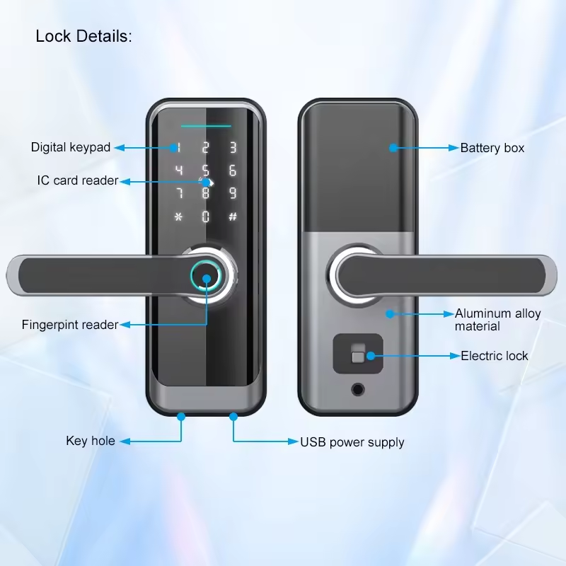 smart door with finger print and keys Bluetooth tt lock tuya smart lock with the voice lock handle for aluminum door