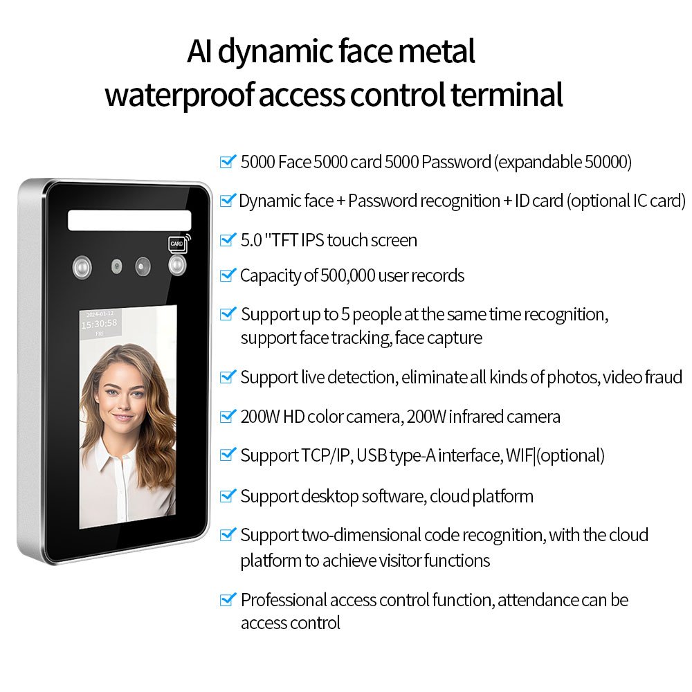 AI01 Waterproof Outdoor Face Recognition Access Control System Web Cloud Time Record Door Control RFID QR Code API SDK integrate