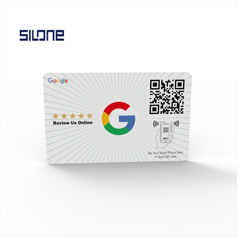 SIlone Customized Printing NFC Google Review card Rfid Smart Metal Business PVC Id card Google Play Gift card