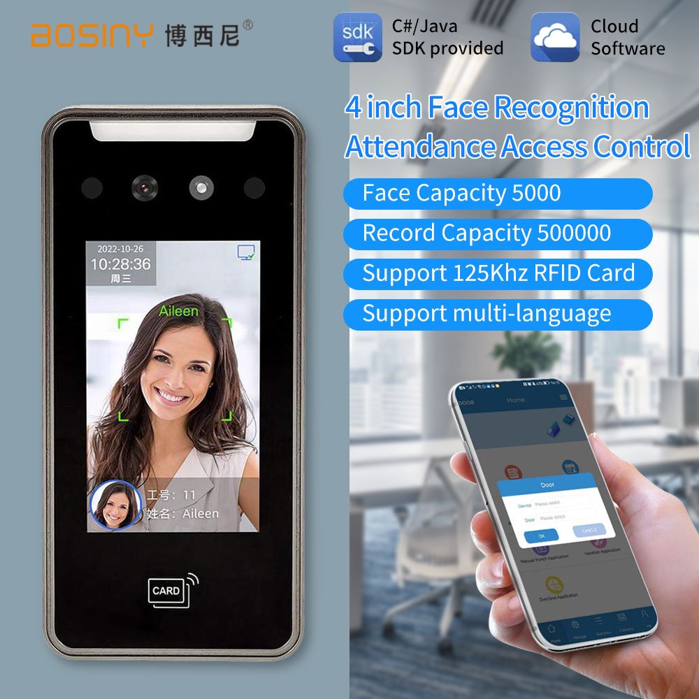 5000 User 4 Inch Touch Lcd 2MP Camera Biometric Face Recognition Wifi Access Control Employee Time Attendance Free Cloud API SDK
