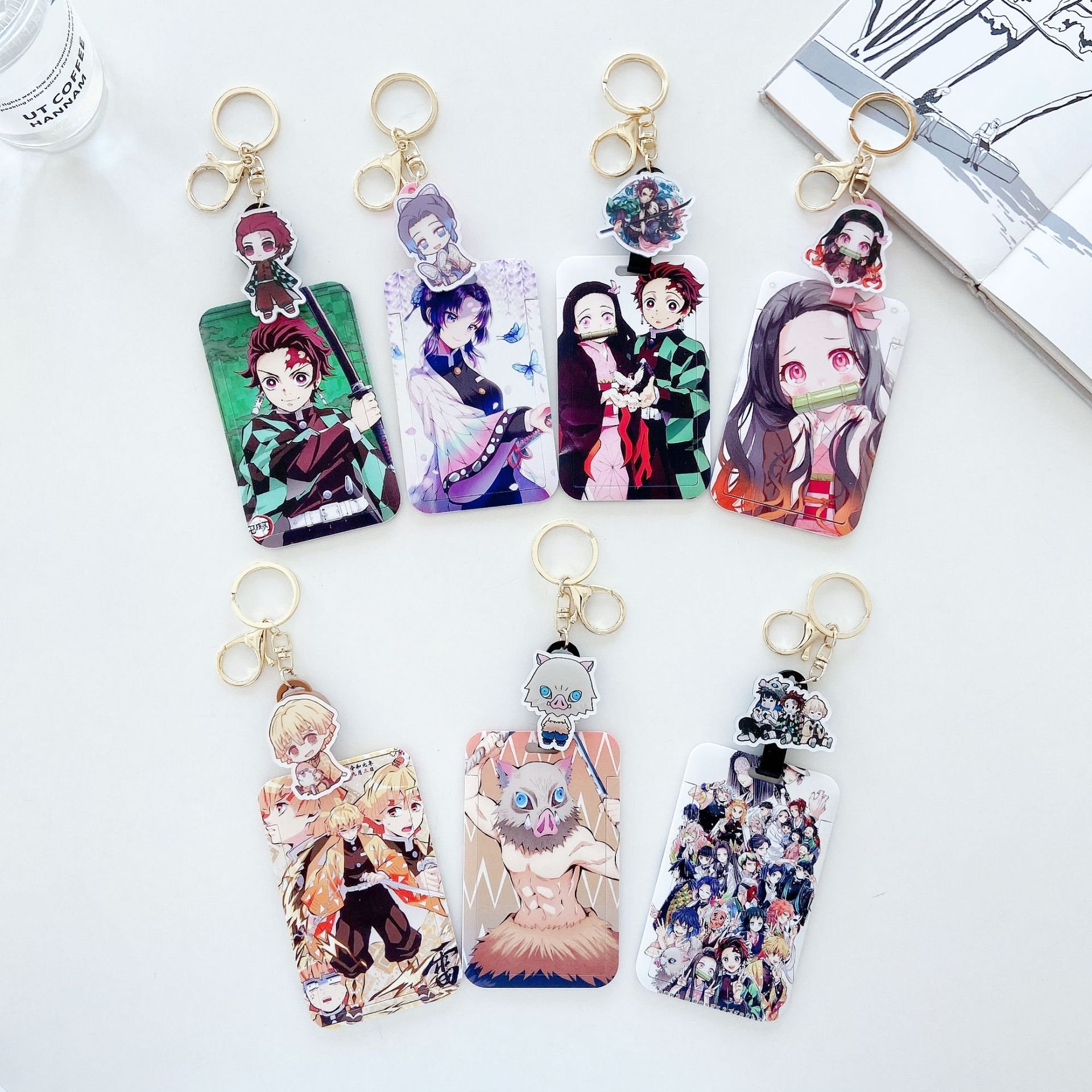 Mix 200 Styles Tanjirou Luffy Cartoon Lilo Boojiboo Kitty Cat Anime Card Holder Student Access Control Card Sleeve with Keychain