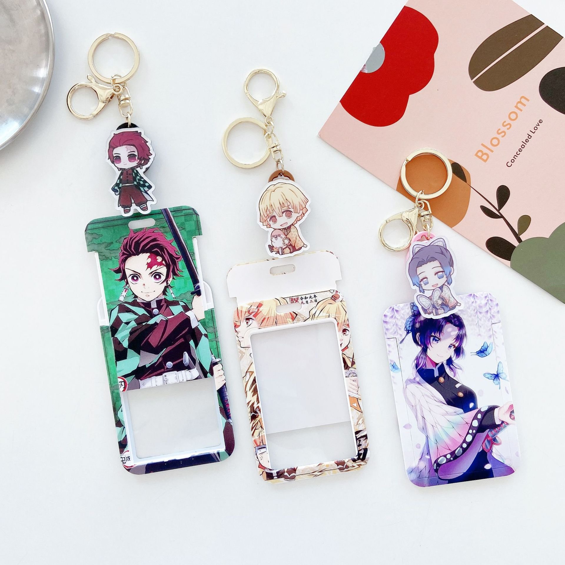 Mix 200 Styles Tanjirou Luffy Cartoon Lilo Boojiboo Kitty Cat Anime Card Holder Student Access Control Card Sleeve with Keychain