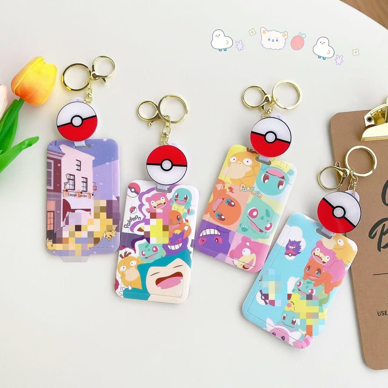 Mix 200 Styles Tanjirou Luffy Cartoon Lilo Boojiboo Kitty Cat Anime Card Holder Student Access Control Card Sleeve with Keychain
