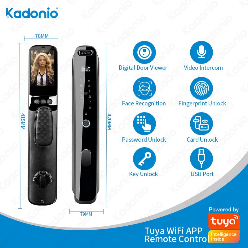 Kadonio Intelligent Keyless Entry Smart Main Door Lock Wifi Face Recognition Access Control With Display Screen