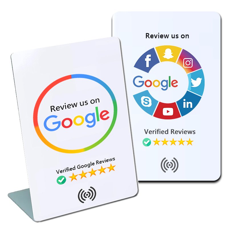 Custom programmable Social Media nfc tag google review stand german programmierbare reusable qr code nfc google review card