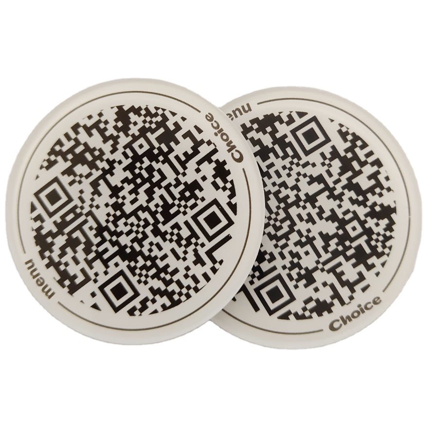 The best price RFID coin NFC tag plexiglass material Ntg213 with QR code NFC round adhesive sticker for restaurant