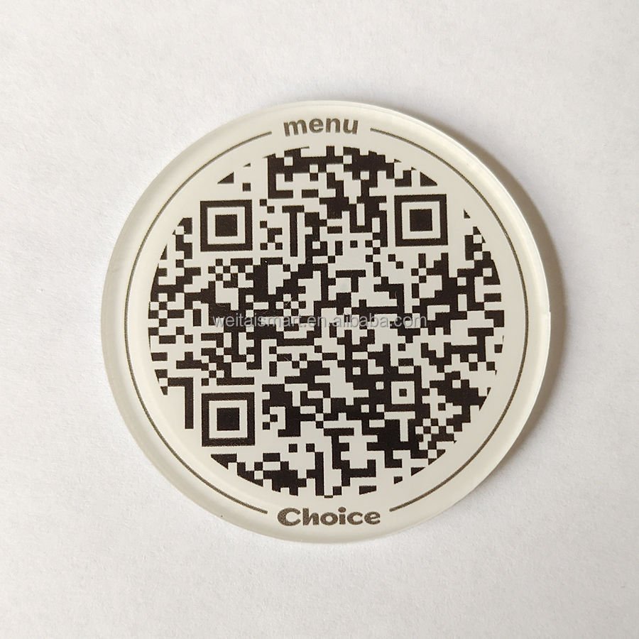 The best price RFID coin NFC tag plexiglass material Ntg213 with QR code NFC round adhesive sticker for restaurant