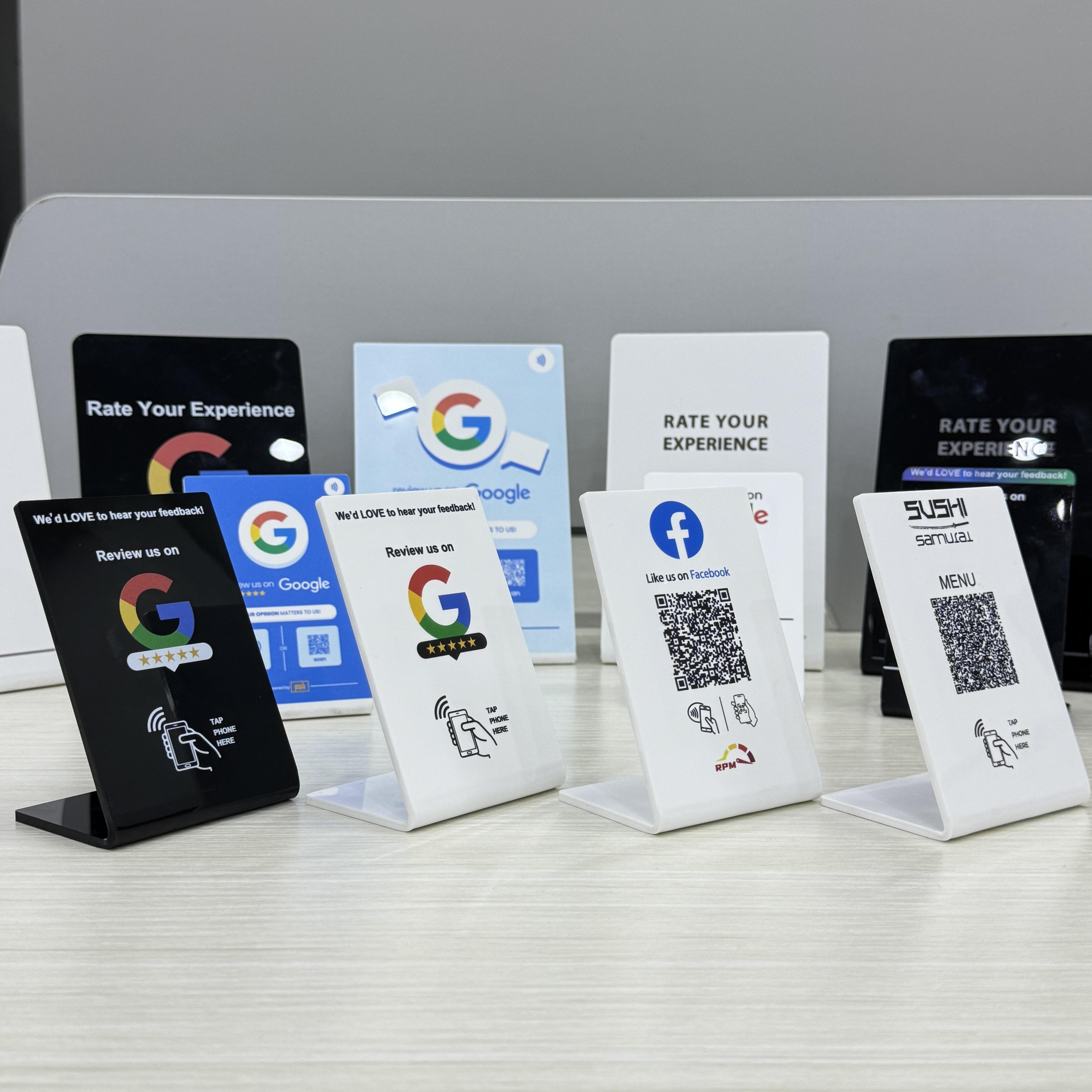 Acrylic Google review NFC table stand display QR code 13.56Mhz for restaurant menu Instagram Facebook Linkedin Nfc review Card