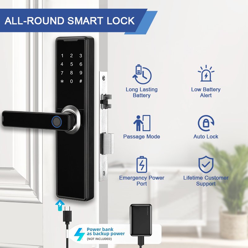 Battery charging keyless entrance black house door lock door lock unlock with phone smart lock guest access