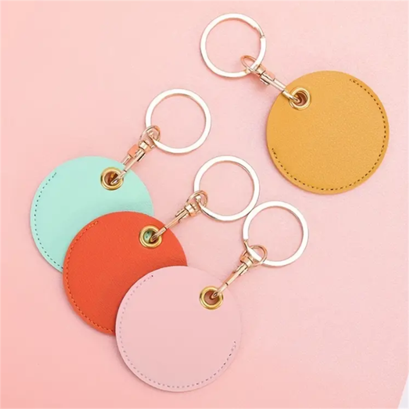 Round PU leather car keychain fashion leather Access Control Card Holder pendant creative men's and women's leather lanyard