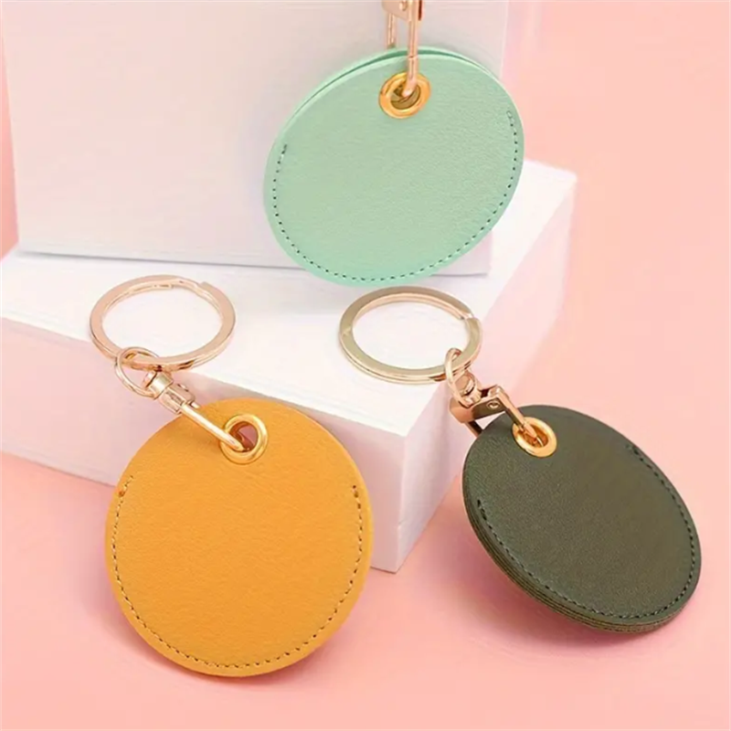 Round PU leather car keychain fashion leather Access Control Card Holder pendant creative men's and women's leather lanyard