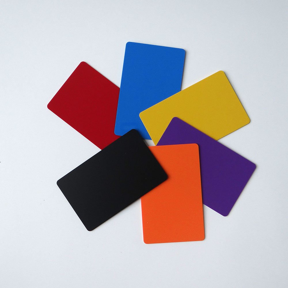 multi color blank purple orange color 13.56mhz n213 chip 144 byte matt finish nfc pvc card for thermal printer