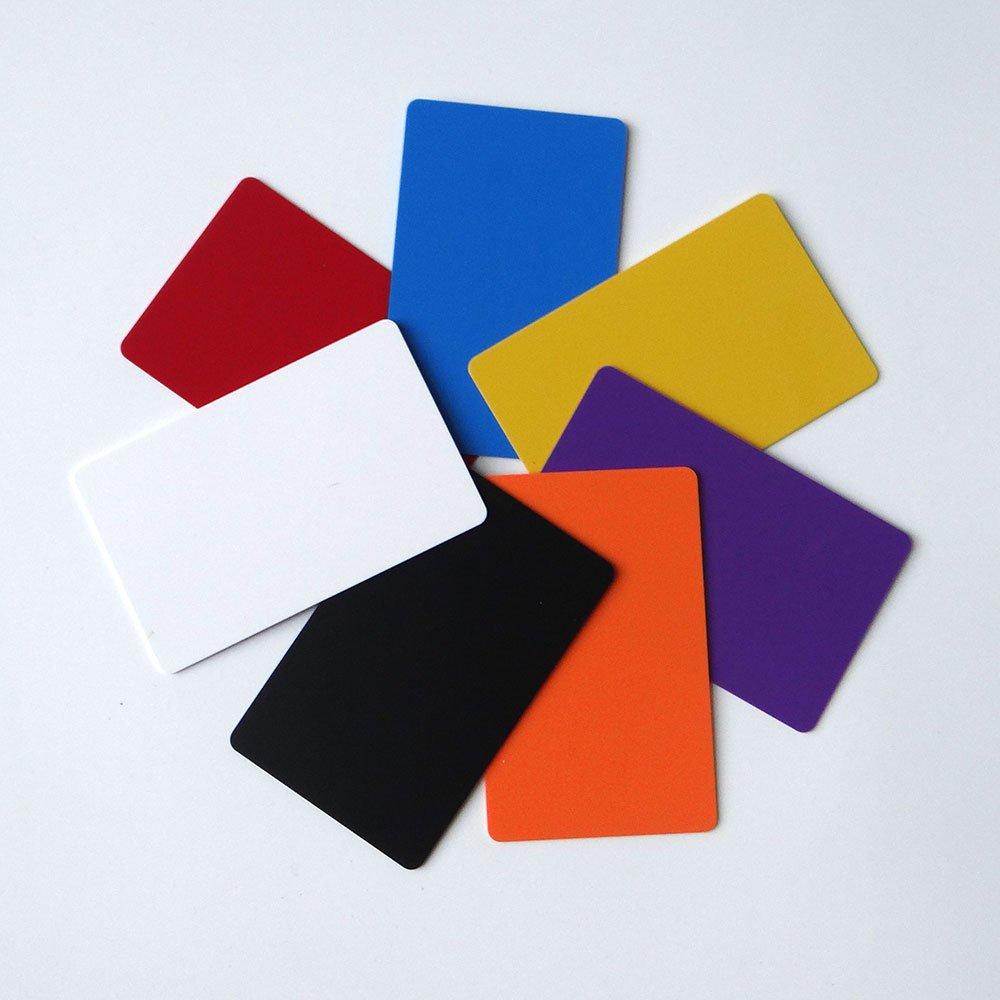 multi color blank purple orange color 13.56mhz n213 chip 144 byte matt finish nfc pvc card for thermal printer