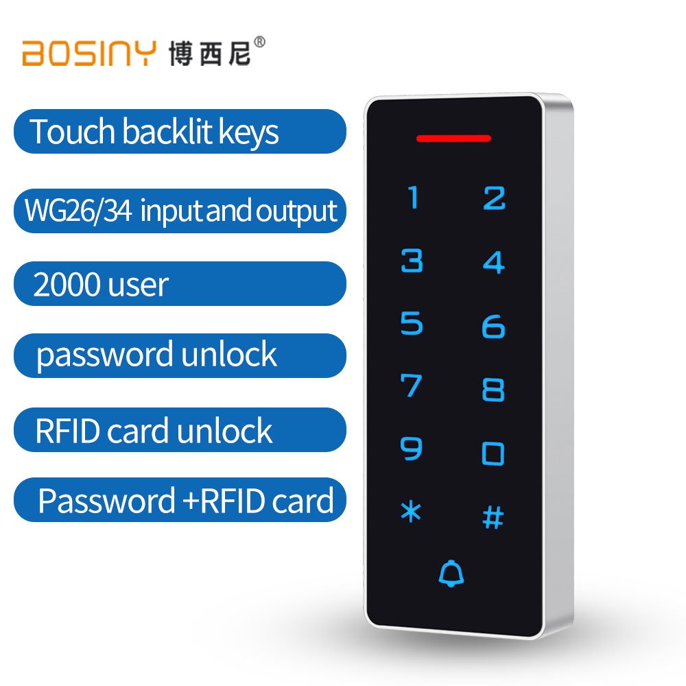 Standalone Backlight Touch Access Control Keypad 125khz 13.56Mhz RFID Proximity Wiegand 26 Access Control Card Reader 2000 Users