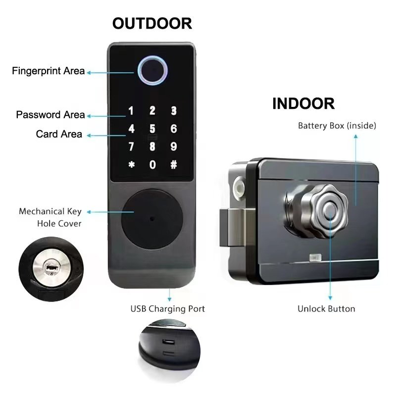 Waterproof Smart Door Lock Double Side Biometric Fingerprint With Tuya Ttlock Remote Control Outdoor Smart Rim Lock