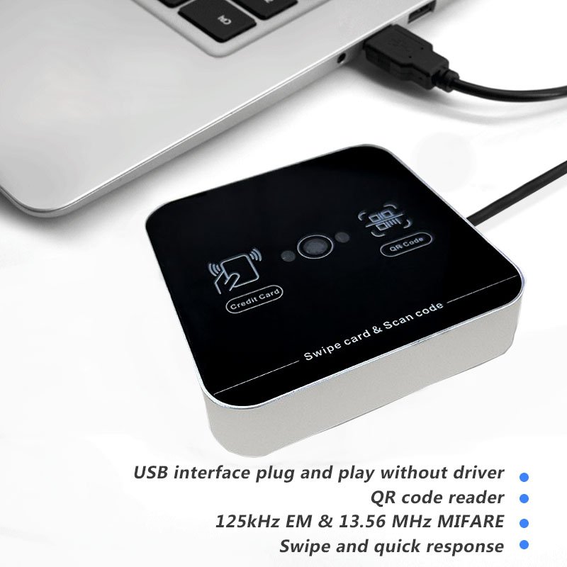 Smart NFC ID IC Card Reader 125Khz 1D 2D QR Code Scan RFID QR Code Reader Contactless USB Interface Desktop Card Reader