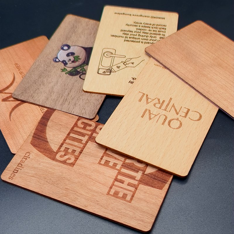 Friendly environment material customized UV printing CMYK color on wood walnut cherry NFC card smart card laser printed logo