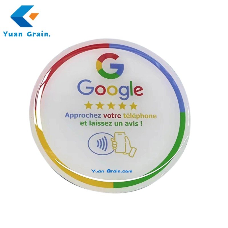 NFC Review us on Google' Round Epoxy Sticker QR Code card Facebook Instagram Tik Tok Approchez votre téléphoneet suivez nous