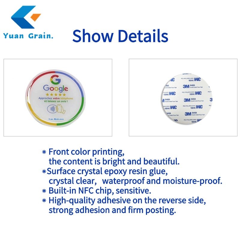 NFC Review us on Google' Round Epoxy Sticker QR Code card Facebook Instagram Tik Tok Approchez votre téléphoneet suivez nous