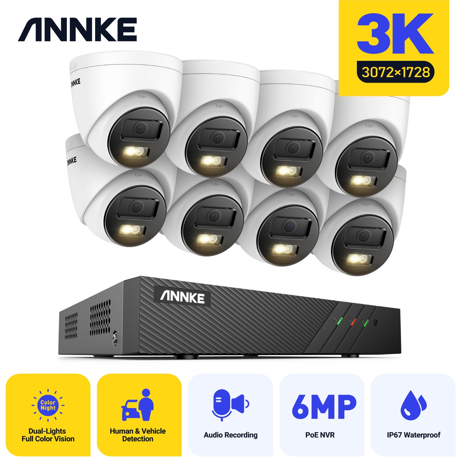 ANNKE 3K Network POE IP Security Camera with 6MP NVR, Motion Detection, Dual-Light Turret Surveillance System
