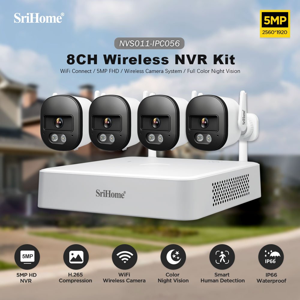 SriHome Wireless Security Camera System Surveillance NVR Kits 5MP Wifi CCTV Outdoor Camera System with Audio Night Vision
