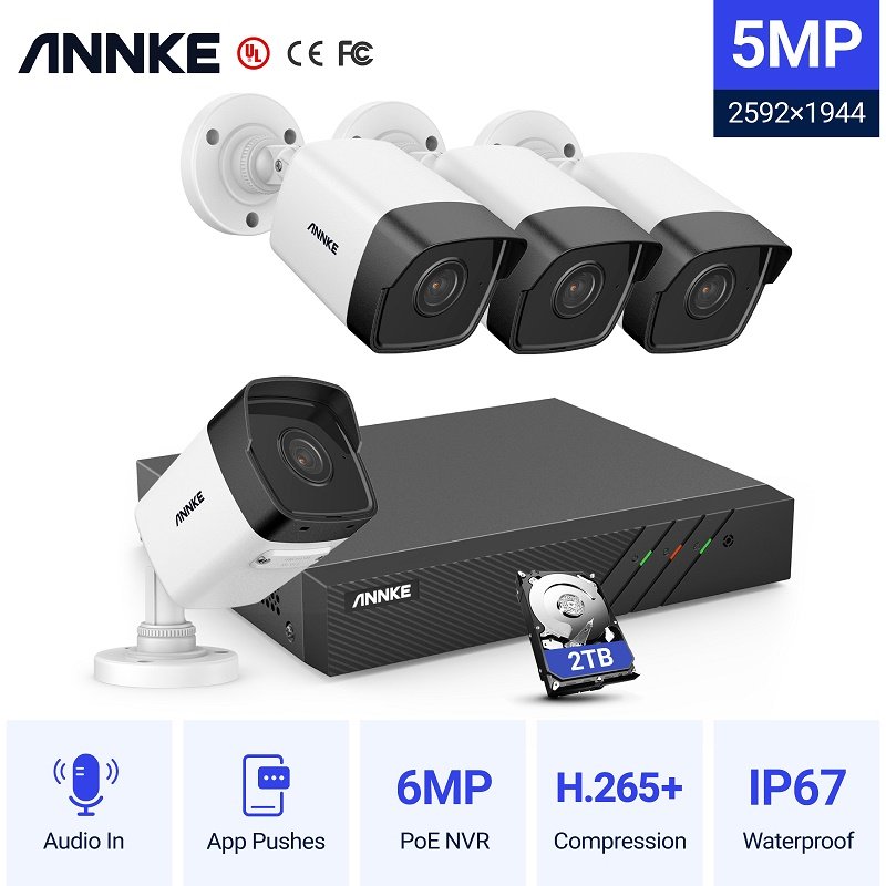 ANNKE 4pcs IP Outdoor Waterproof Audio CCTV Camera System 5MP 8CH PoE NVR Security Camera System With 2TB HDD