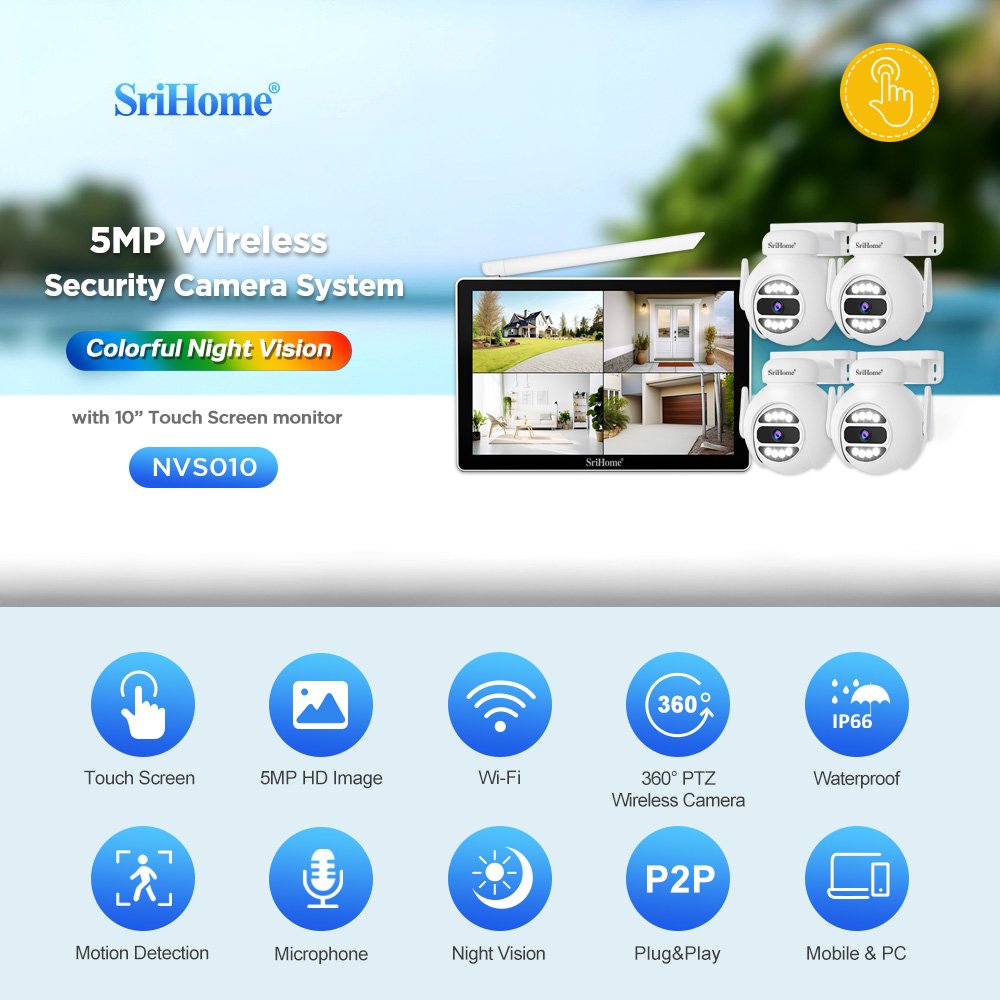 Srihome Wifi Security Camera System 10.1 Inch LCD Screen 4 Channel NVR Kit With LCD Monitor Outdoor CCTV Systems Kit