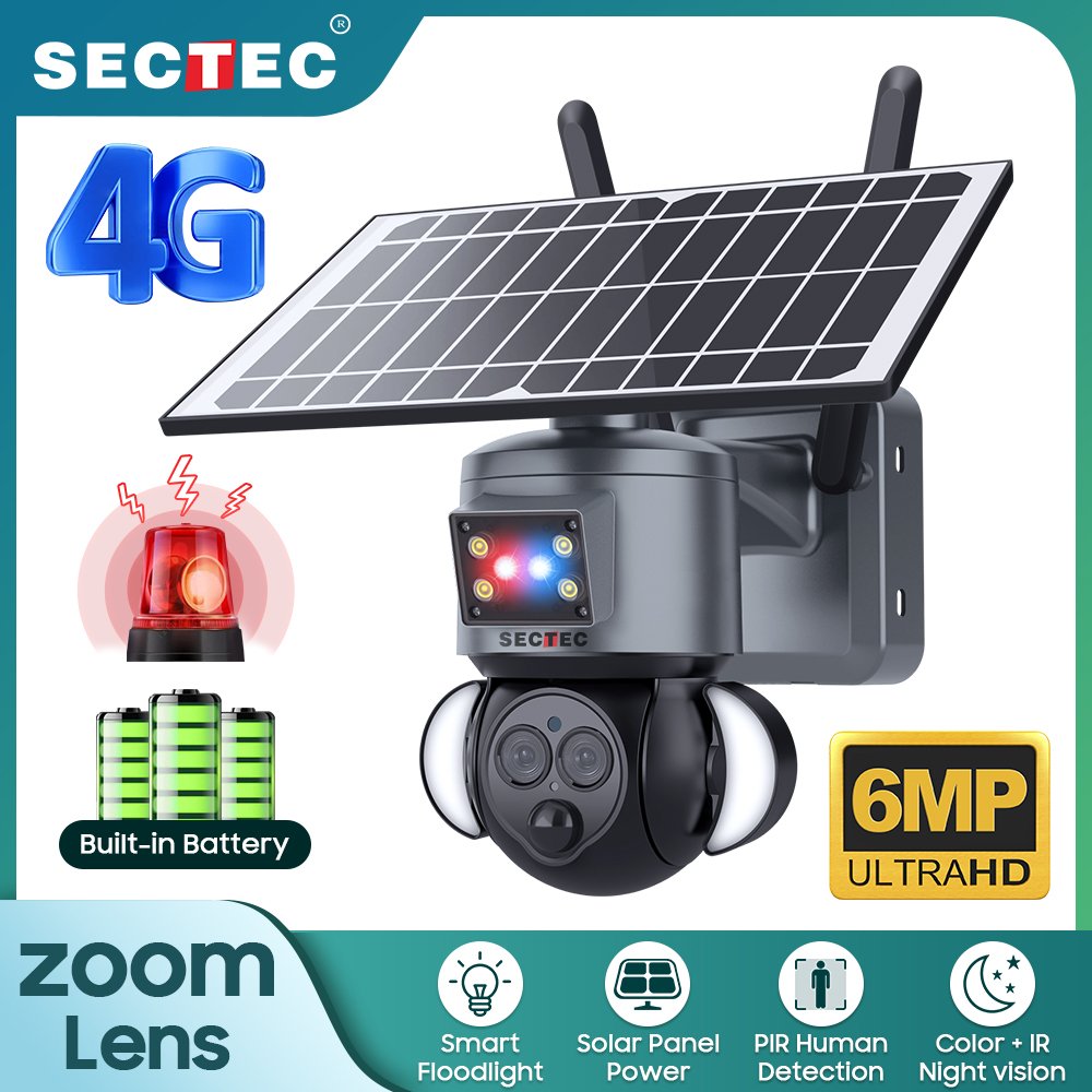 SECTEC 12X Zoom Function HD 6MP 4G PIR Camera Waterproof Security System Wireless PTZ Floodlight Solar CCTV Camera
